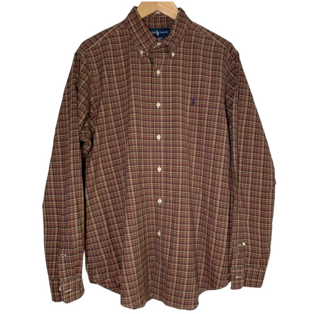 Ralph Lauren Classic Fit Cotton Soft Knit Brown Plaid Button Down Blue Pony L